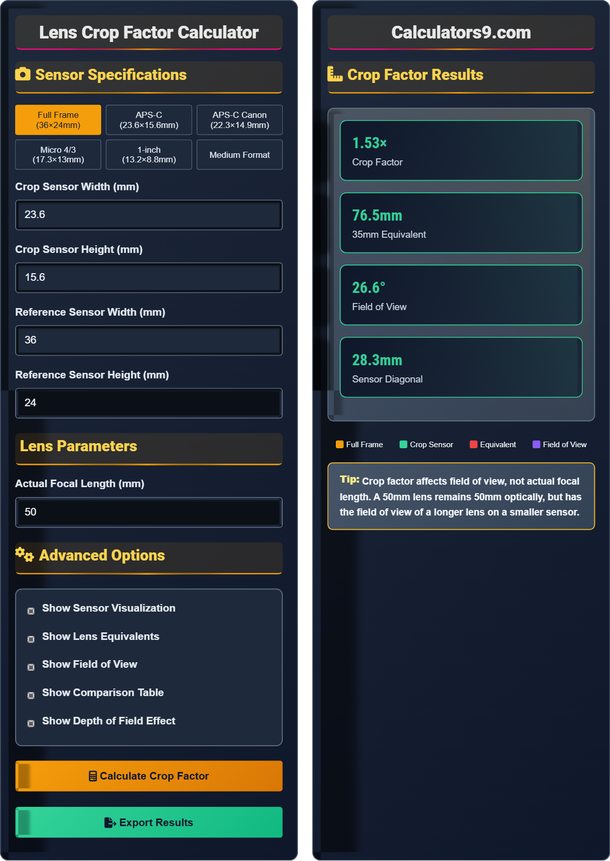 Lens Crop Factor Calculator